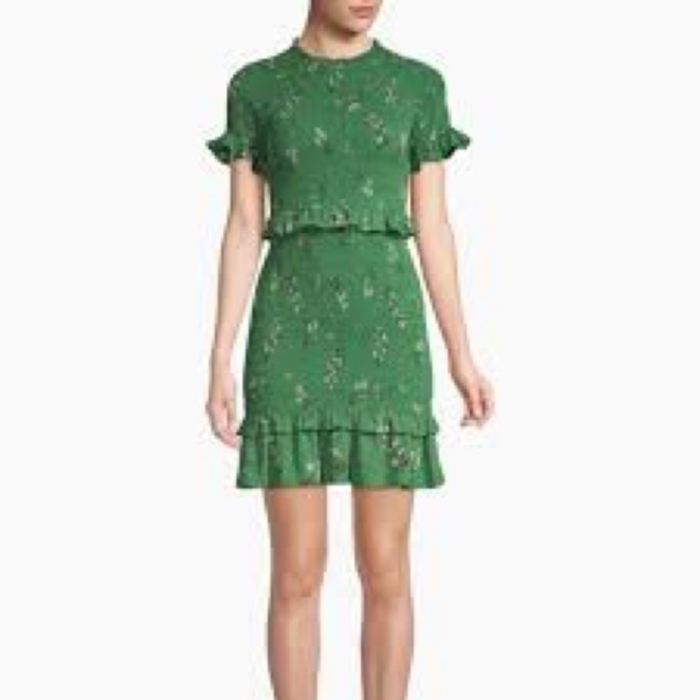 Likely Faye Green Smocked Ruffle Floral Mini Dress 4 NWT